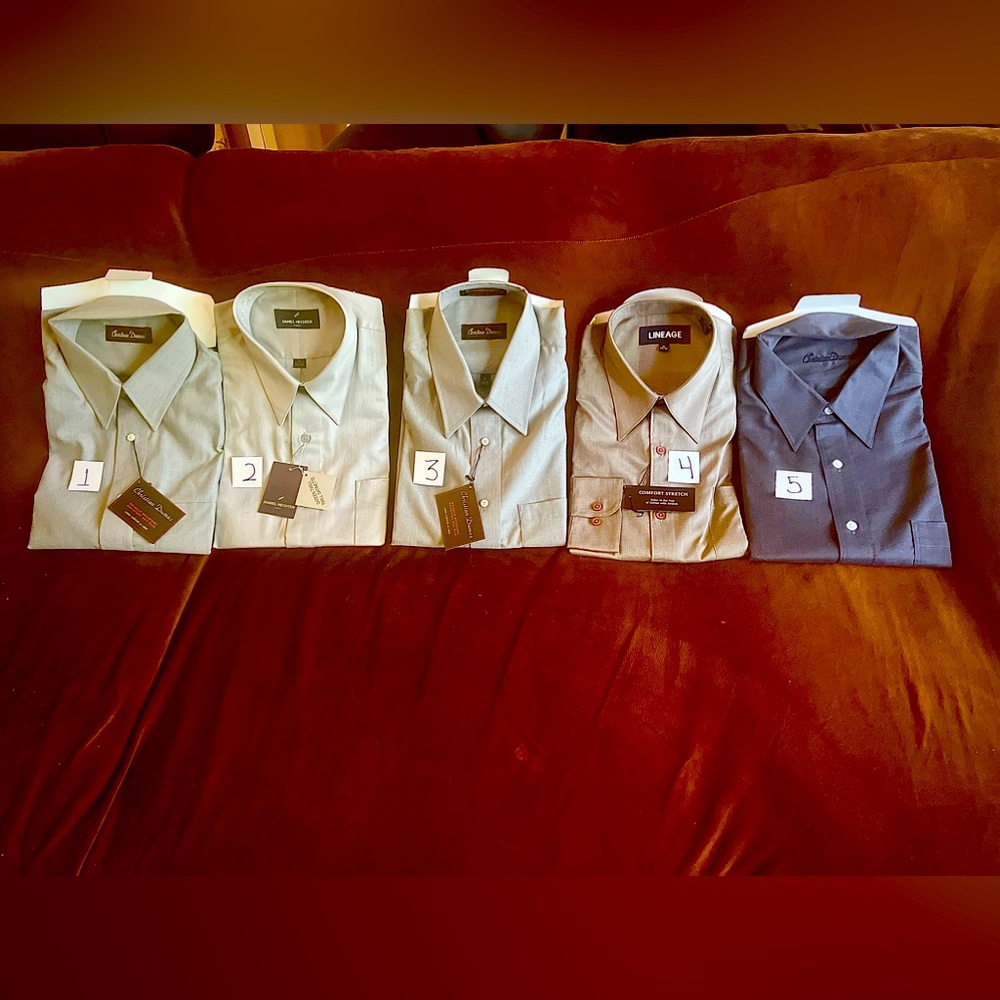 5 men’s dress shirts, never worn, multiple colours. Sizes are in the pictures.